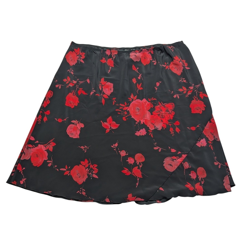 Y2K Tabloid Floral A-Line Skirt Womens 22 Black Red Rose Print W284H2034M